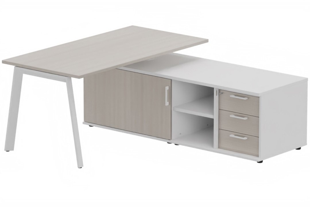 K8 Plan 180x80 avec meuble porteur (L180xP64) avec caisson 3T intégré - meuble à droite -Finitions = Plateau et top de finition : acacia /Piétement :Blanc (BL) / Corps du meuble : Blanc (BL) /Façade : acacia