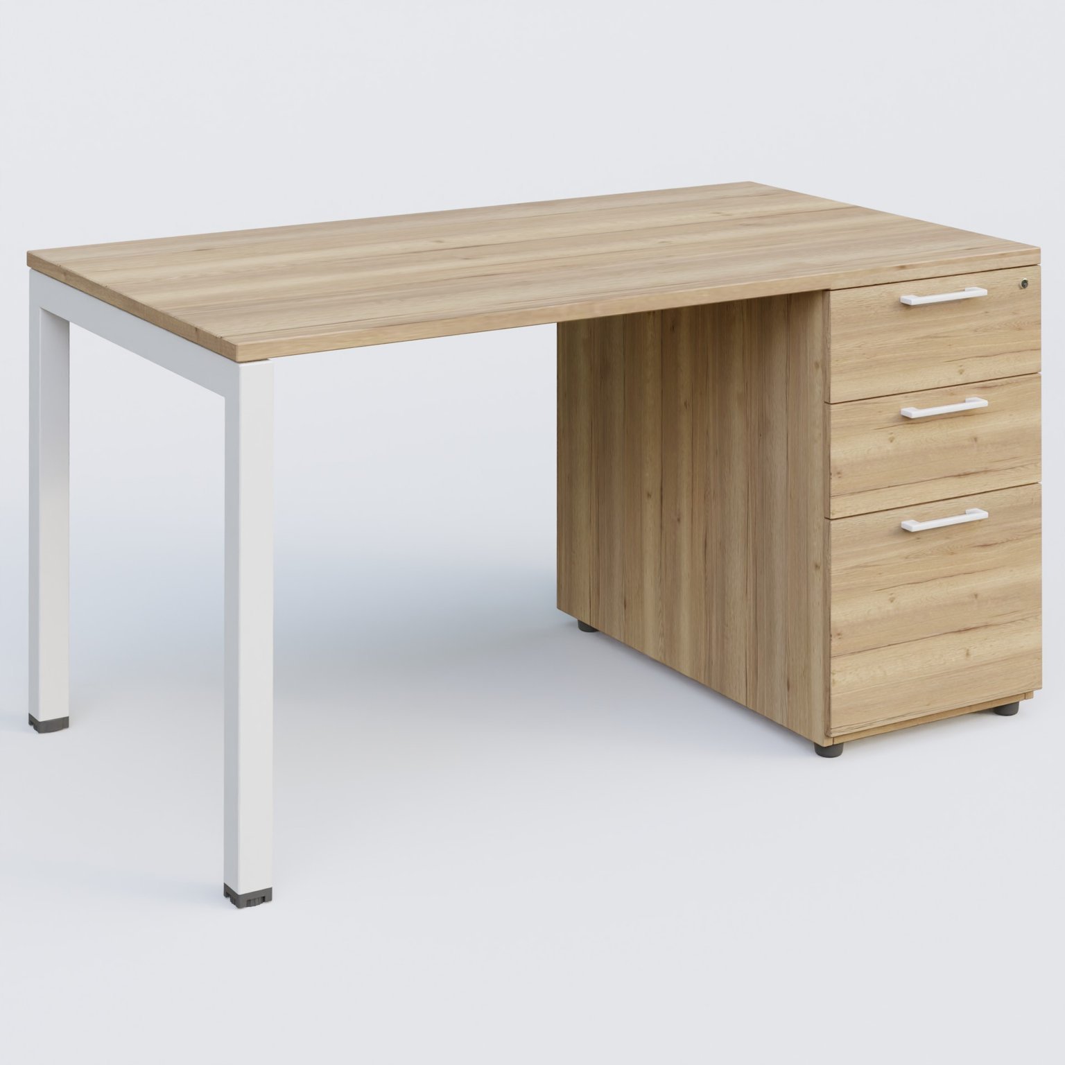 K3 Plateau droit 160x80 avec caisson porteur mélamine. Plateau ,caisson Chêne naturel et pietement Blanc