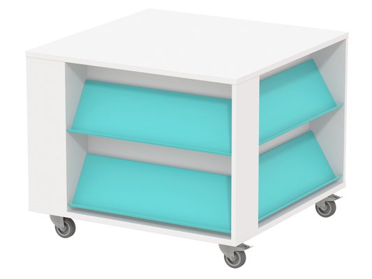 SCOLAIRE - Se Documenter - Table à nouveautés mobile mélaminé 4 tablettes époxy - L109,6xP109,6 xH87,5 cm