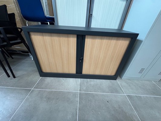 DESTOCKAGE - Rangements - Armoire à rideaux hauteur 69,5 cm largeur 120 cm coffre anthracite et rideaux hêtre