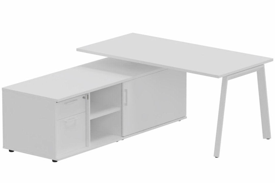 K8 Plan 180x80 avec meuble porteur (L180xP64) avec caisson 2T dont 1 DS intégré - meuble à gauche -Finitions = Plateau et top de finition : Blanc /Piétement :Blanc (BL) / Corps du meuble et séparation : blanc /Façade : Blanc