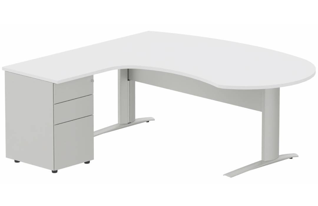 K1 VDF métal compact 90° manager 190x141x104x60cm sur caisson HB métal 3 tiroirs, plateau blanc, structure aluminium