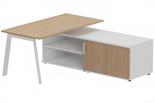 Gamme K8 - Plans droits - K8 Plan 200x100 avec meuble porteur (L180xP64) sans caisson - meuble à droite -Finitions = Plateau et top de finition : Hêtre /Piétement :Blanc (BL) / Corps du meuble : Blanc /Façade : Hêtre