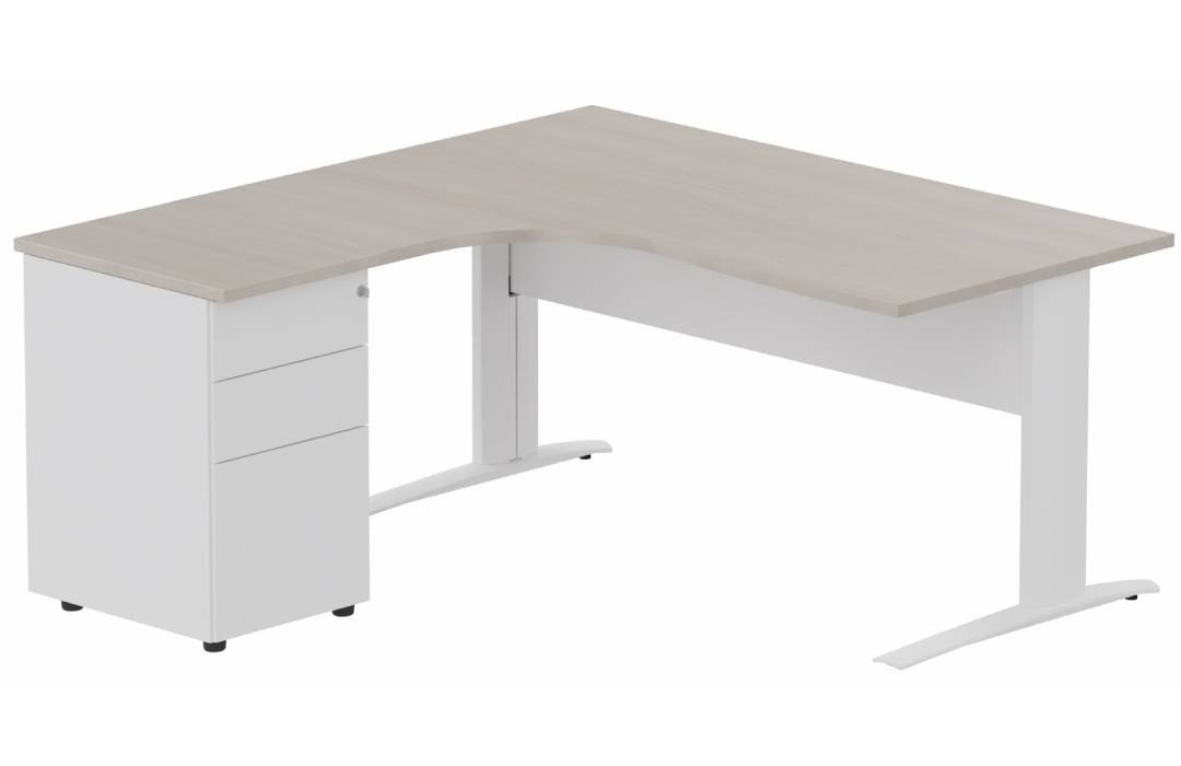 K1 VDF METAL Compact 90° asymétrique 160x162x80/60cm retour à gauche avec caisson HB métal 3 tiroirs, plateau acacia, struct