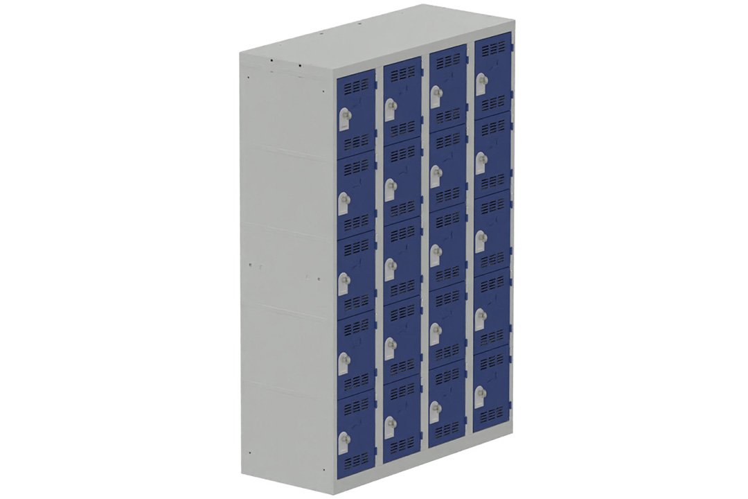 Vestiaire multicases, 4 colonnes L.120cm/20 cases, coffre gris clair/portes bleu foncé