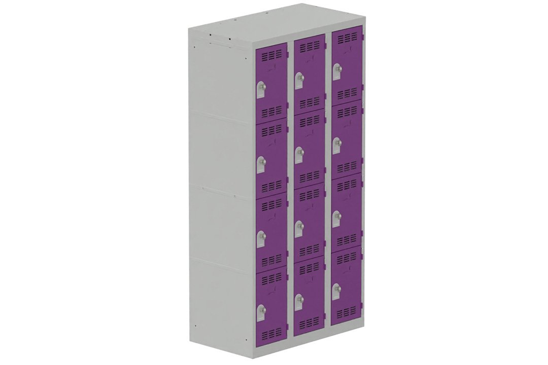Vestiaire multicases 3 colonnes L,30cm 4 cases (fermeture cadenas) H,180xL,90xP,50cm coffre gris clair/portes prune