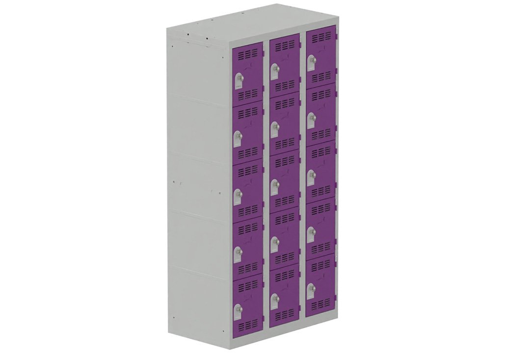 Vestiaire multicases 3 colonnes L,30cm 5 cases (fermeture cadenas) H,180xL,90xP,50cm coffre gris clair/portes prune