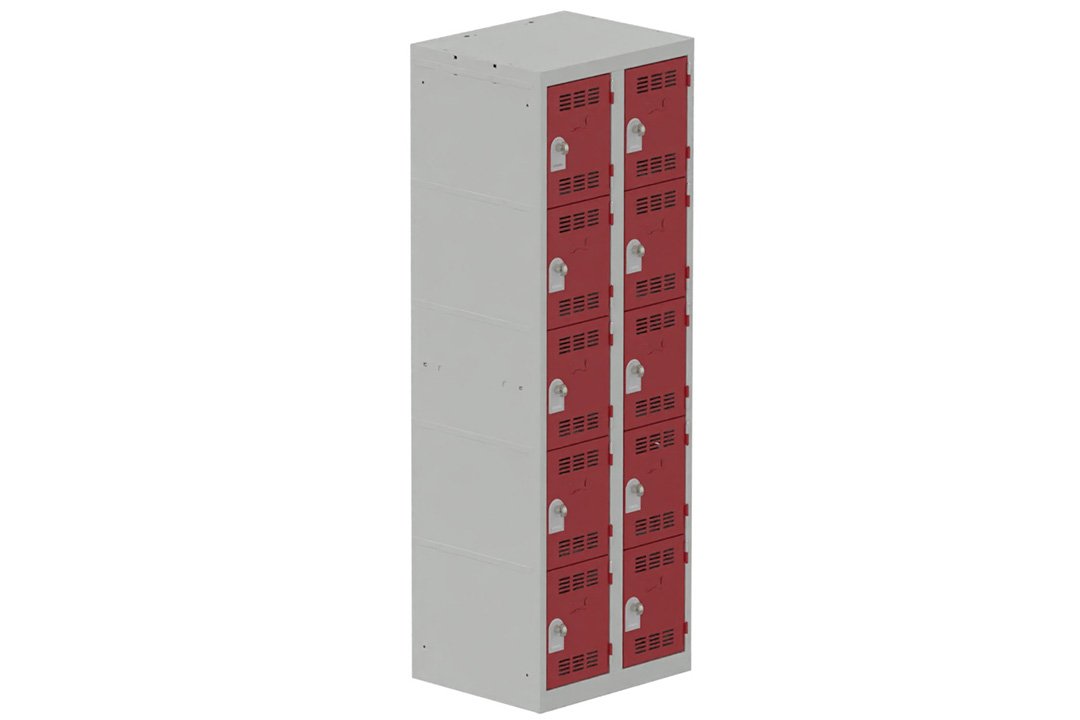 Vestiaire multicases 2 colonnes L,30cm 5 cases (fermeture cadenas) H,180xL,60xP,50cm coffre gris clair/portes rouge