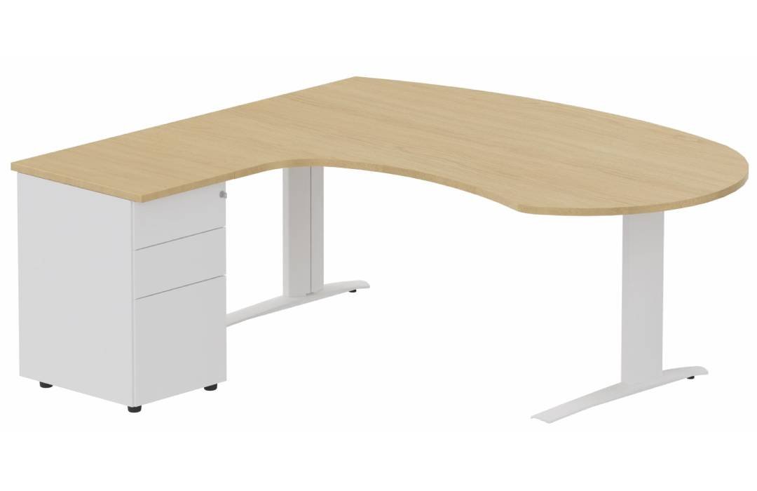k1 Poutre -  Plan compact 90° asymétrique Manager 190x183x104 / 60cm avec caisson HB métal 3 tiroirs - retour à gauche -