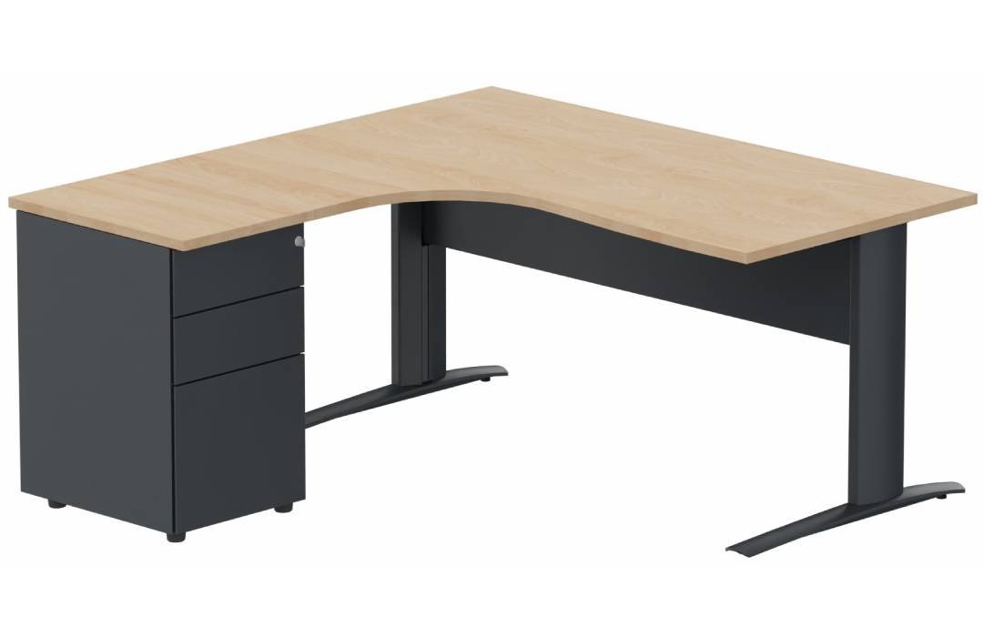 K1 VDF METAL Compact 90° asymétrique 160x162x80/60cm retour à gauche avec caisson HB métal 3 tiroirs hêtre/anthracite