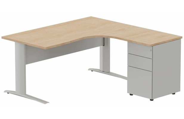Gamme K1 - Plans compacts - K1 VDF METAL Compact 90° asymétrique 160x162x80/60cm retour à droite avec caisson HB métal 3 tiroirs hêtre/aluminium