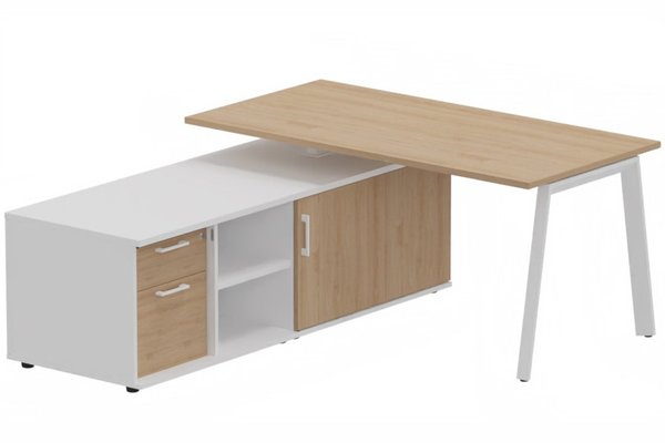 Gamme K8 - Plans droits - K8 Plan 200x100 avec meuble porteur (L180xP64) avec caisson 2T dont 1 DS intégré - meuble à gauche -Finitions = Plateau et top de finition : Hêtre /Piétement :Blanc (BL) / Corps du meuble : Blanc /Façade : Hêtre