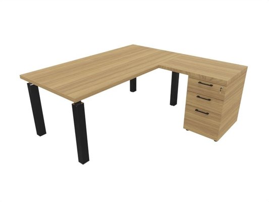 Gamme X4 - Tables de bureau avec retour - X4- Plan Manager 180x90cm + retour 100x60cm sur caisson hauteur de bureau 3 tiroirs (encombrement 180x190cm)  -Finitions = Plateau : Noyer / Caisson : Noyer / Piètements : NOIR