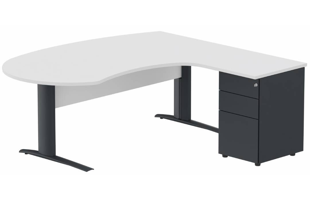 K1 VDF bois compact 90° manager 190x141x104x60cm sur caisson HB métal 3 tiroirs, plateau blanc, structure anthracite