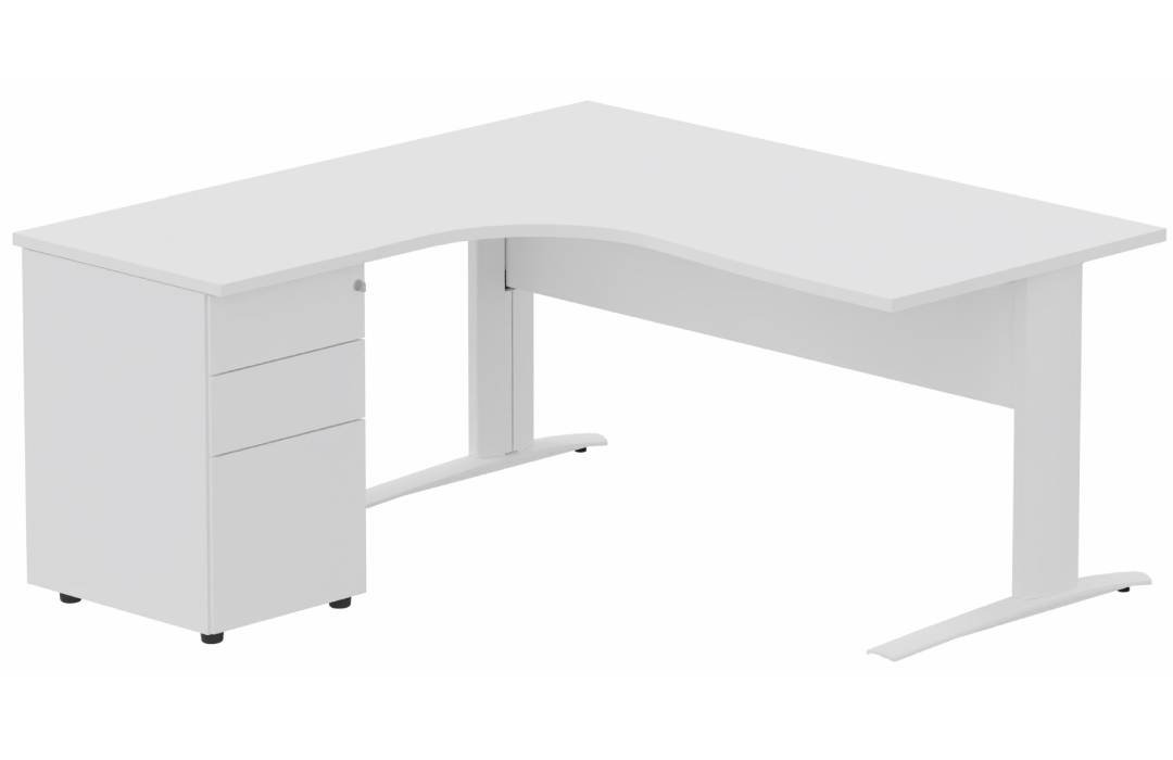 K1 VDF METAL Compact 90° asymétrique 160x162x80/60cm retour à gauche avec caisson HB métal 3 tiroirs blanc/blanc - sur déla