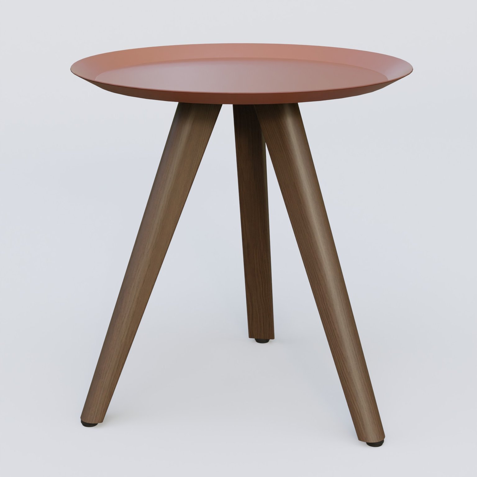 Table Basse Fashion Styl piètement 3 pieds bois et plateau métal. Plateau Brun cuivré (RAL 8004) et pietement Chêne Moka.