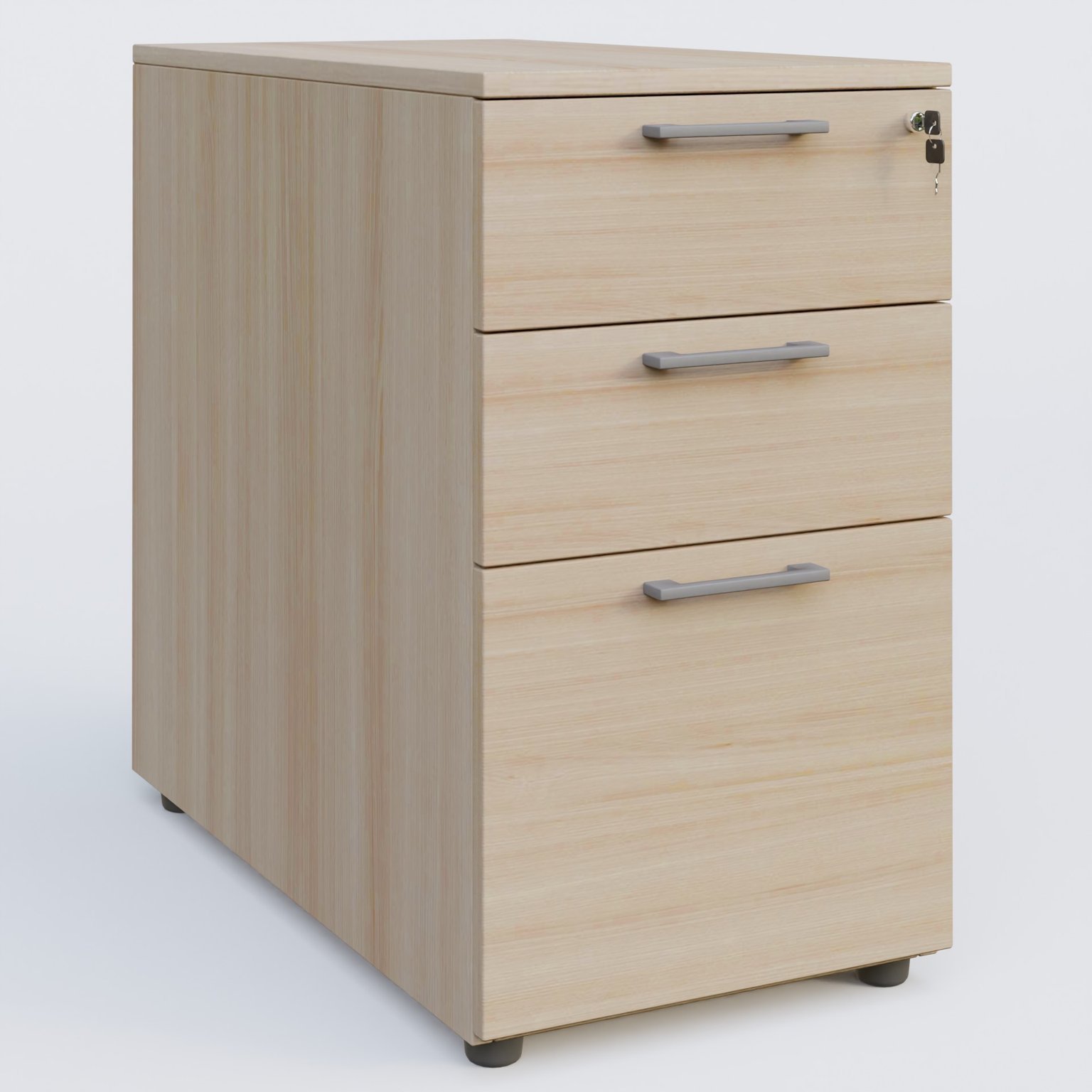Caisson hauteur de bureau mélamine 3 tiroirs, profondeur 60cm. Caisson Acacia et poignets Aluminium.