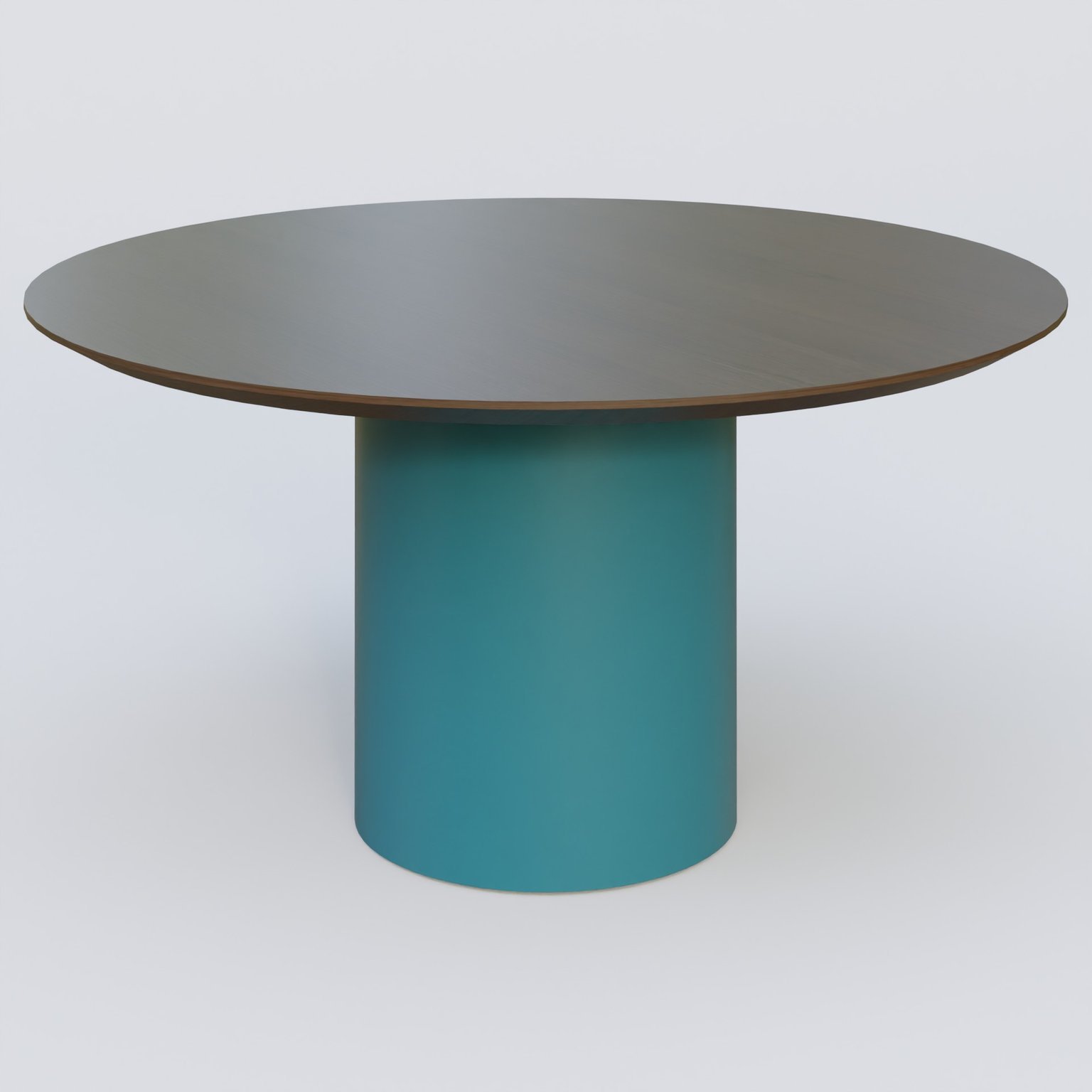 Table Basse Fashion Styl piètement colonne en métal D-26cm et plateau bois. Plateau Chêne Moka et pietement Bleu Petrole (RAL 5025).