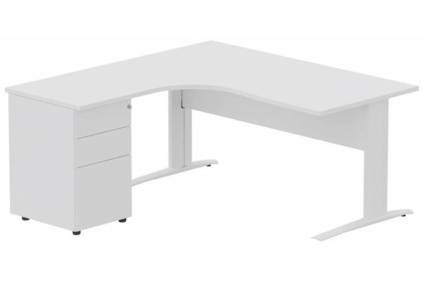 Gamme K1 - Plans compacts - K1 VDF BOIS Compact 90° asymétrique 180x162x80/60cm retour à gauche avec caisson HB métal 3 tiroirs blanc/blanc - sur délai
