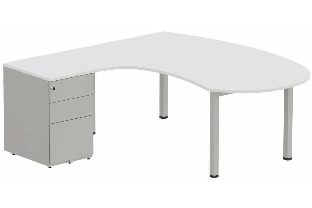 K3 compact 90° manager 190x141x104x60cm sur caisson HB métal 3 tiroirs, plateau blanc, structure aluminium