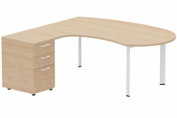 Gamme K7 - Plans compacts - K7 compact 90° manager 190x141x104x60cm sur caisson HB mélamine 3 tiroirs, plateau hêtre, structure blanc