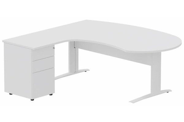 Gamme K1 - Plans compacts - K1 VDF bois compact 90° manager 190x141x104x60cm sur caisson HB métal 3 tiroirs, plateau blanc, structure blanc