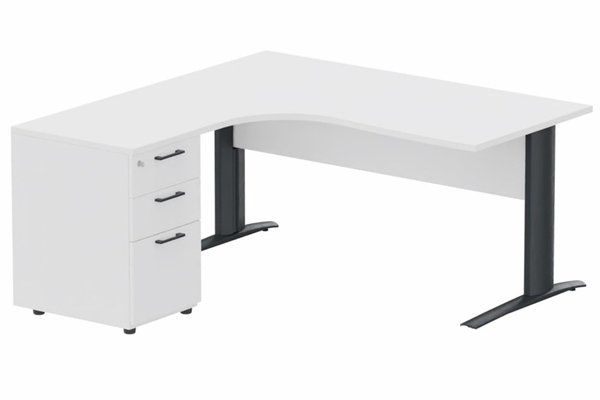 Gamme K1 - Plans compacts - K1 Voile de fond Bois - Plan compact 90° asymétrique 180x162x80/60cm avec caisson HB bois 3 tiroirs - retour à gauche -Finitions : PLATEAUX: BLANC (BL) / PIETEMENTS: ANTHRACITE (AN) / CAISSONS MELAMINE: BLANC (BL)