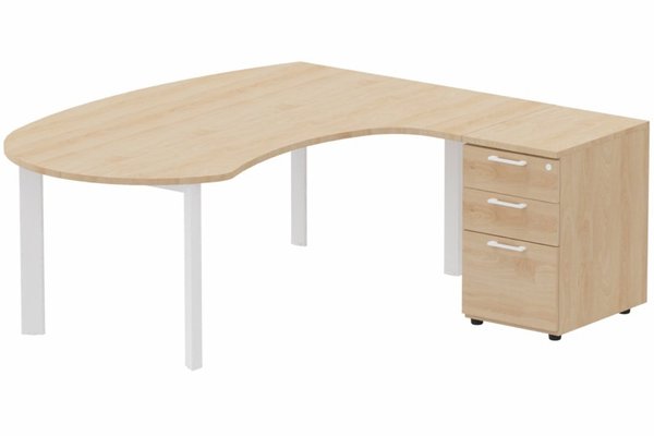 Gamme K7 - Plans compacts - K7 compact 90° manager 190x141x104x60cm sur caisson HB mélamine 3 tiroirs, plateau hêtre, structure blanc