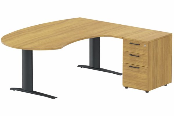 Gamme K1 - Plans compacts - k1 Poutre - Plan compact 90° asymétrique Manager 190x183x104 / 60cm avec caisson HB bois 3 tiroirs - retour à droite -Finitions : PLATEAUX: NOYER (NO) / PIETEMENTS: ANTHRACITE (AN) / CAISSONS MELAMINE: NOYER (NO)