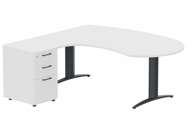 Gamme K2 - Plans compacts - K2 compact 90° manager 190x141x104x60cm sur caisson HB mélamine 3 tiroirs, plateau blanc, structure anthracite