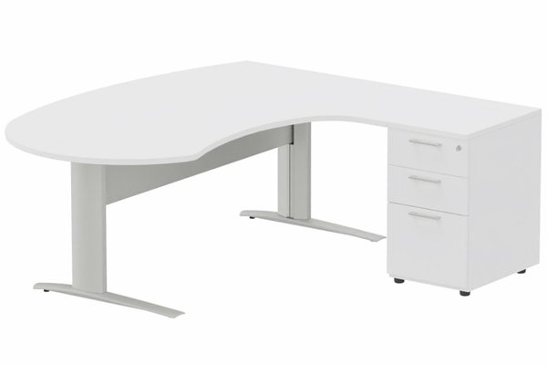 Gamme K1 - Plans compacts - K1 VDF métal compact 90° manager 190x141x104x60cm sur caisson HB mélamine 3 tiroirs, plateau blanc, structure aluminium