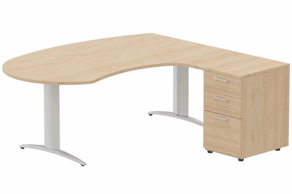 Gamme K2 - Plans compacts - K2 compact 90° manager 190x141x104x60cm sur caisson HB mélamine 3 tiroirs, plateau hêtre, structure aluminium