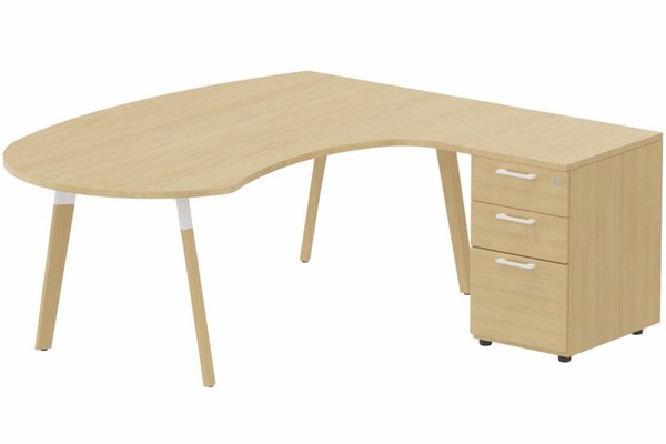 Gamme K8 Wood - Plans compacts  - K8Wood Plan compact 90° asymétrique Manager 190x183x104/60cm avec caisson HB bois 3 tiroirs - retour à droite -Finitions = Plateau et top de finition : chêne /Piétements : Blanc / bois (BW) / Caisson: chêne