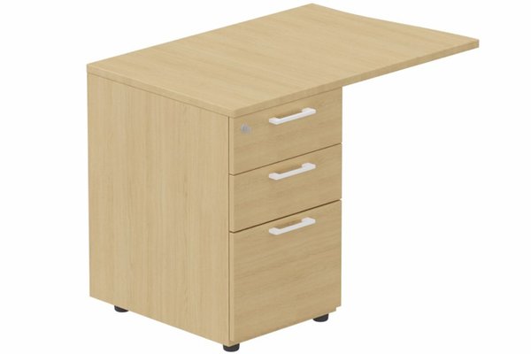 Gamme K1 - Extensions - Plans vagues - K1 - Retour direct vague 90x60 sur caisson HB bois 3 tiroirs à gauche - Finitions = Plateau : Chêne (CE) / Caisson: Chêne (CE) / Poignées blanches