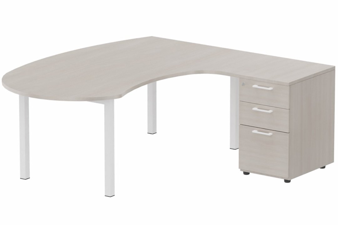 K3 compact 90° manager 190x141x104x60cm sur caisson HB mélamine 3 tiroirs, plateau acacia, structure blanc