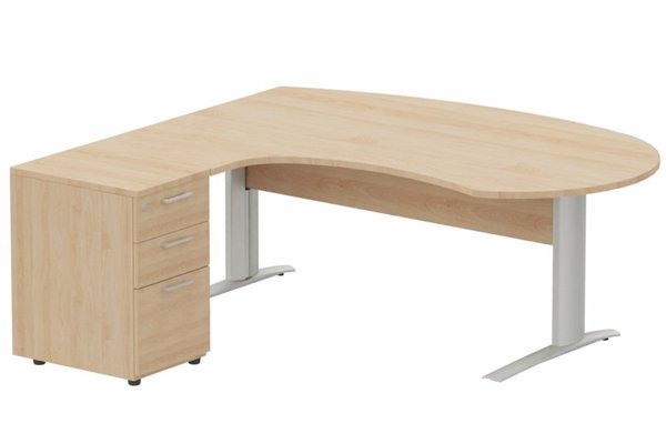 Gamme K1 - Plans compacts - K1 VDF bois compact 90° manager 190x141x104x60cm sur caisson HB mélamine 3 tiroirs, plateau hêtre, structure aluminium
