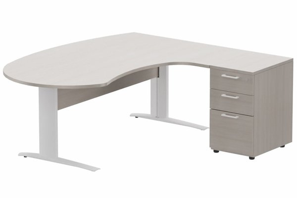Gamme K1 - Plans compacts - K1 VDF bois compact 90° manager 190x141x104x60cm sur caisson HB mélamine 3 tiroirs, plateau acacia, structure blanc