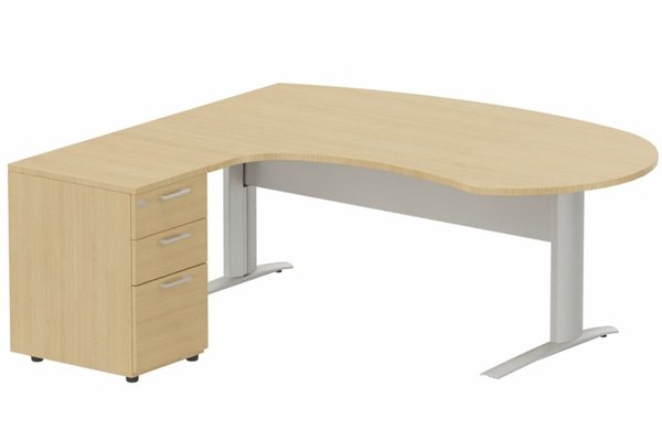 Gamme K1 - Plans compacts - K1 Voile de fond Métal - Plan compact 90° asymétrique Manager 190x183x104/60cm avec caisson HB bois 3 tiroirs - retour à gauche -Finitions : PLATEAUX: CHENE (CE) / PIETEMENTS: ALUMINIUM (AL) / CAISSONS MELAMINE: CHENE (CE)