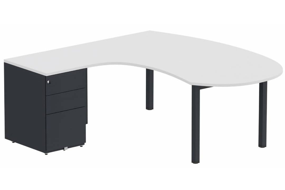 K3 compact 90° manager 190x141x104x60cm sur caisson HB métal 3 tiroirs, plateau blanc, structure anthracite