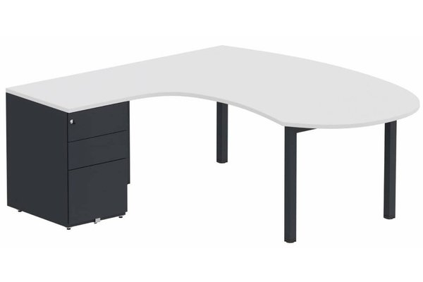 Gamme K3 - Plans compacts - K3 compact 90° manager 190x141x104x60cm sur caisson HB métal 3 tiroirs, plateau blanc, structure anthracite