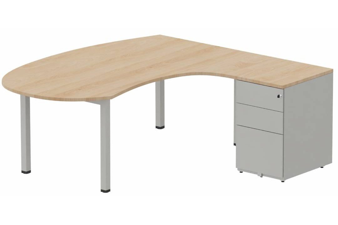 K3 compact 90° manager 190x141x104x60cm sur caisson HB métal 3 tiroirs, plateau hêtre, structure aluminium