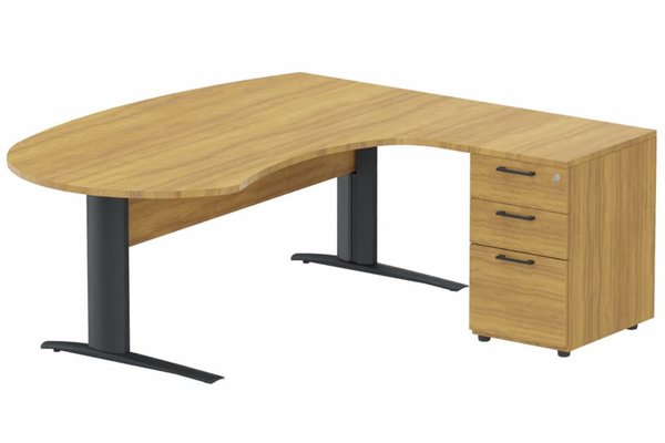 Gamme K1 - Plans compacts - K1 Voile de fond Bois -Plan compact 90° asymétrique Manager 190x183x104/60cm avec caisson HB bois 3 tiroirs - retour à droite -Finitions : PLATEAUX: NOYER (NO) / PIETEMENTS: ANTHRACITE (AN) / CAISSONS MELAMINE: NOYER (NO)