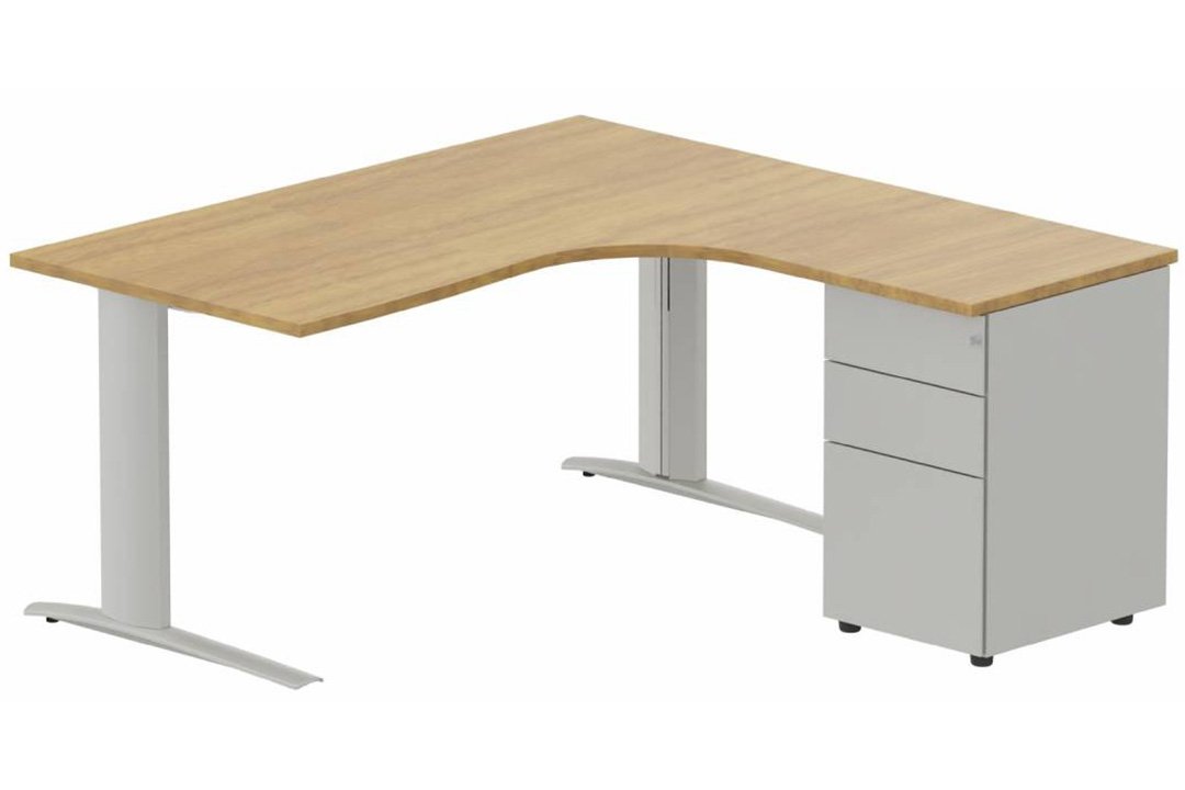 k1 Poutre - Plan compact 90° asymétrique 180x162x80 / 60cm avec caisson HB métal 3 tiroirs - retour à droite  -Finitions : PLATEAUX: NOYER (NO) / PIETEMENTS: ALUMINIUM (AL) / CAISSONS METALLIQUES: ALUMINIUM (AL)
