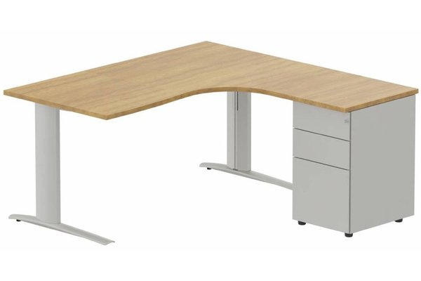 Gamme K1 - Plans compacts - k1 Poutre - Plan compact 90° asymétrique 180x162x80 / 60cm avec caisson HB métal 3 tiroirs - retour à droite  -Finitions : PLATEAUX: NOYER (NO) / PIETEMENTS: ALUMINIUM (AL) / CAISSONS METALLIQUES: ALUMINIUM (AL)