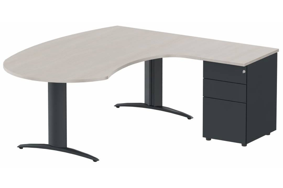 K2 compact 90° manager 190x141x104x60cm sur caisson HB métal 3 tiroirs, plateau acacia, structure anthracite