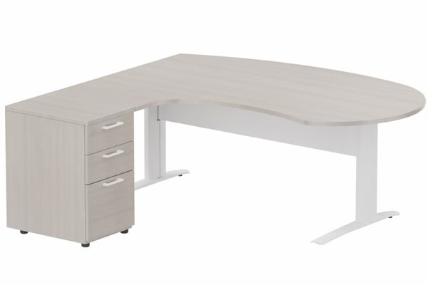 Gamme K1 - Plans compacts - K1 VDF métal compact 90° manager 190x141x104x60cm sur caisson HB mélamine 3 tiroirs, plateau acacia, structure blanc