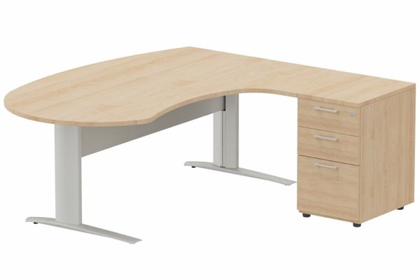 Gamme K1 - Plans compacts - K1 VDF métal compact 90° manager 190x141x104x60cm sur caisson HB mélamine 3 tiroirs, plateau hêtre, structure aluminium
