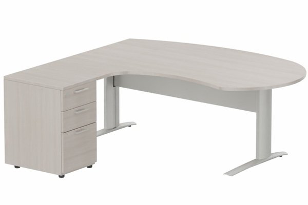 Gamme K1 - Plans compacts - K1 VDF métal compact 90° manager 190x141x104x60cm sur caisson HB mélamine 3 tiroirs, plateau acacia, structure aluminium