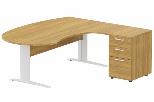 Gamme K1 - Plans compacts - K1 Voile de fond Bois -Plan compact 90° asymétrique Manager 190x183x104/60cm avec caisson HB bois 3 tiroirs - retour à droite -Finitions : PLATEAUX: NOYER (NO) / PIETEMENTS: BLANC (BL) / CAISSONS MELAMINE: NOYER (NO)