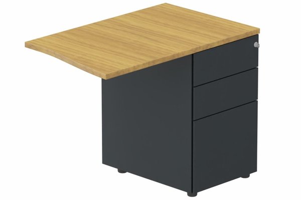 Gamme K1 - Extensions - Plans vagues - K1 Retour direct vague 90x60 sur caisson HB métal 3 tiroirs à droite -Finitions : PLATEAUX: NOYER (NO) / CAISSONS METALLIQUES: ANTHRACITE (AN)